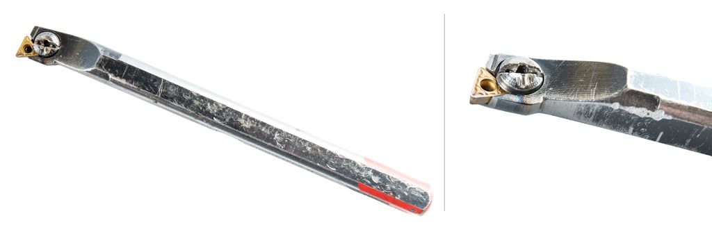 To bilete av ein innvendig dreiestålhaldar med hardmetallskjar. Foto.