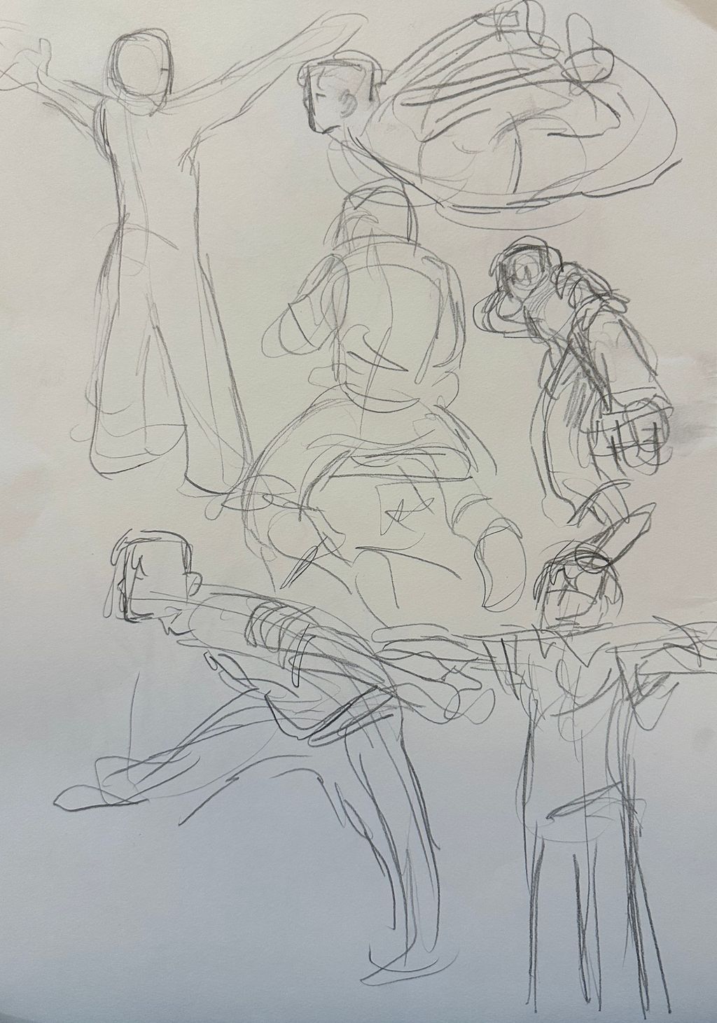 Raske blyantskisser av menneske i ulike positurar. Illustrasjon.