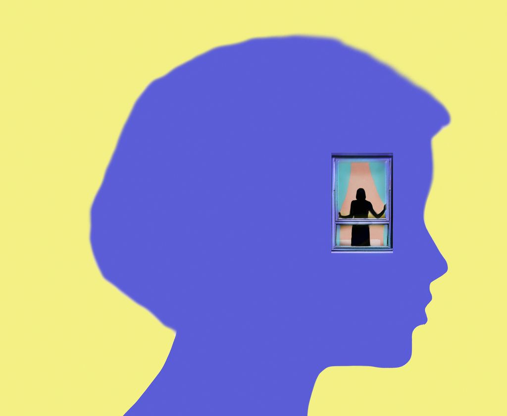 Illustration: We see the profile of a woman in blue. In her head is a dark figure of a woman standing at a window.