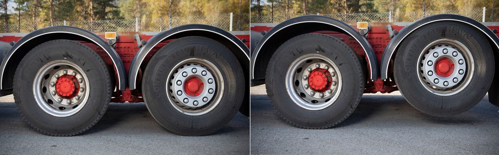 Her ser vi en lastebil der den ene hjulakslingen løftes. Foto.