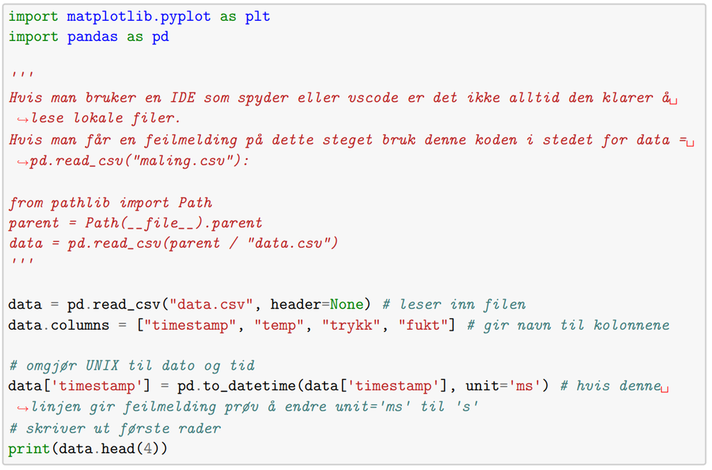 Skjermbilde av programmeringskode for nedlasting av .csv-fil og omgjøring av UNIX-verdiene fra fila til vanlig dato og tid.