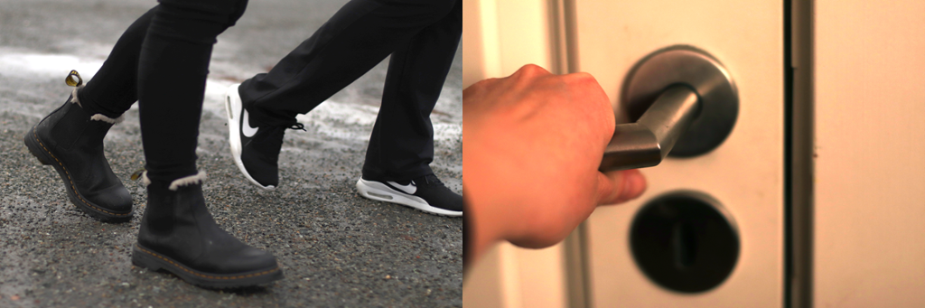 To bilder. Til venstre: nærbilde av føttene til to personer som går. Til høyre: hånd på en dørklinke. Foto.