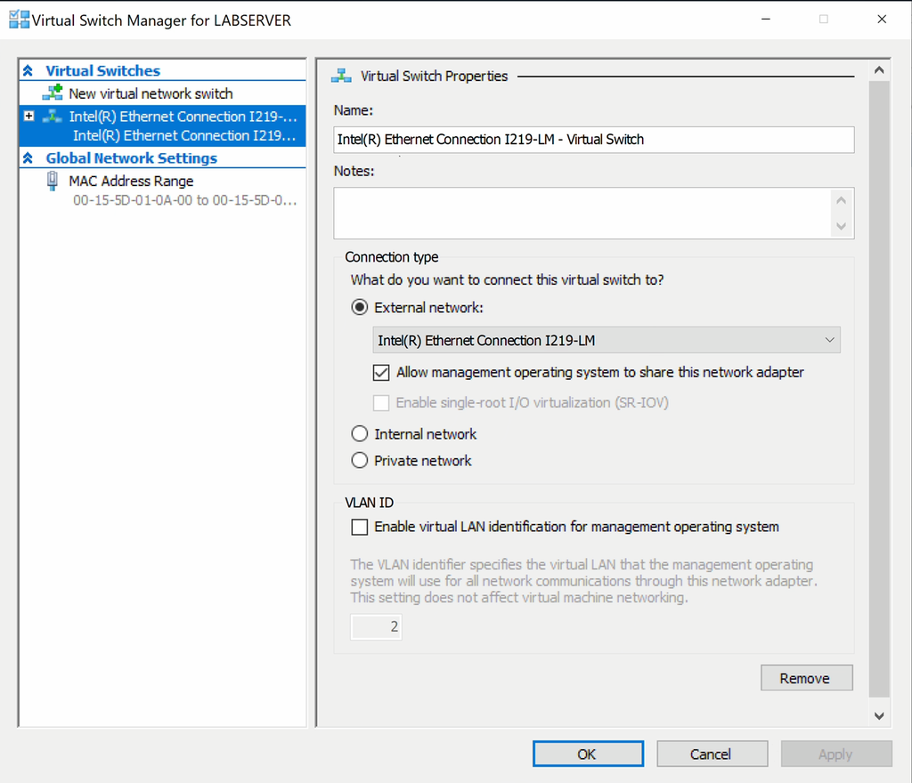 Skjermbilde som viser innstillingene til den virtuelle svitsjen. Skjermbilde.