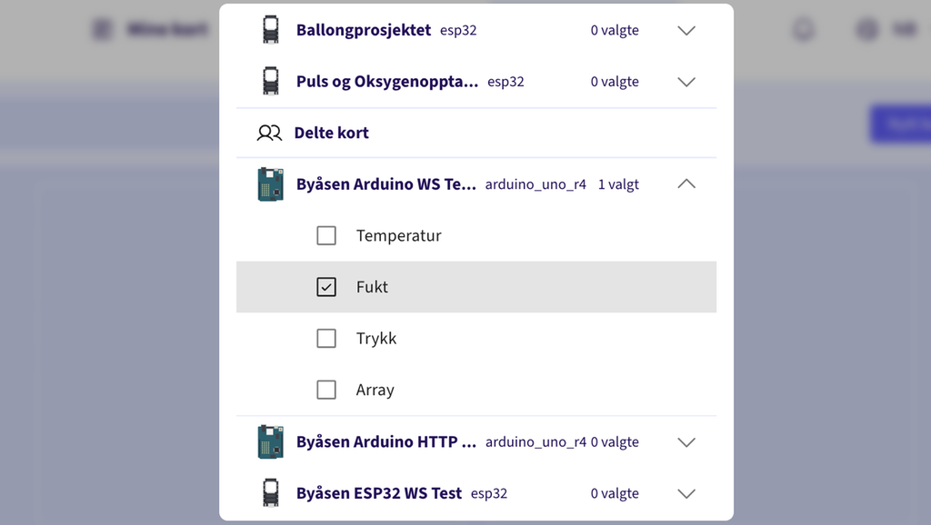 Skjermbilde fra en nettside som viser valg av datastrømmer i en programvare. Skjermutklipp.