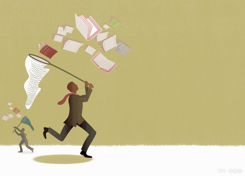 Illustration: We see men in suits trying to catch books in a butterfly net. 