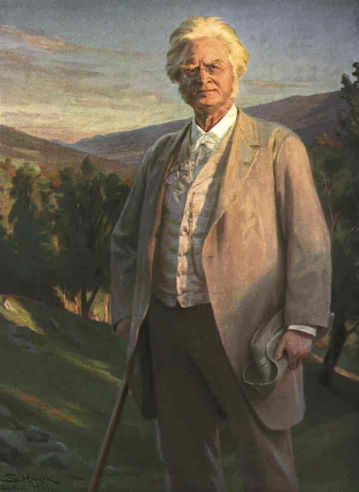 Bjørnstjerne Bjørnson i finstasen og med stokk. Han står ute i naturen og ser rett på maleren. Maleri.