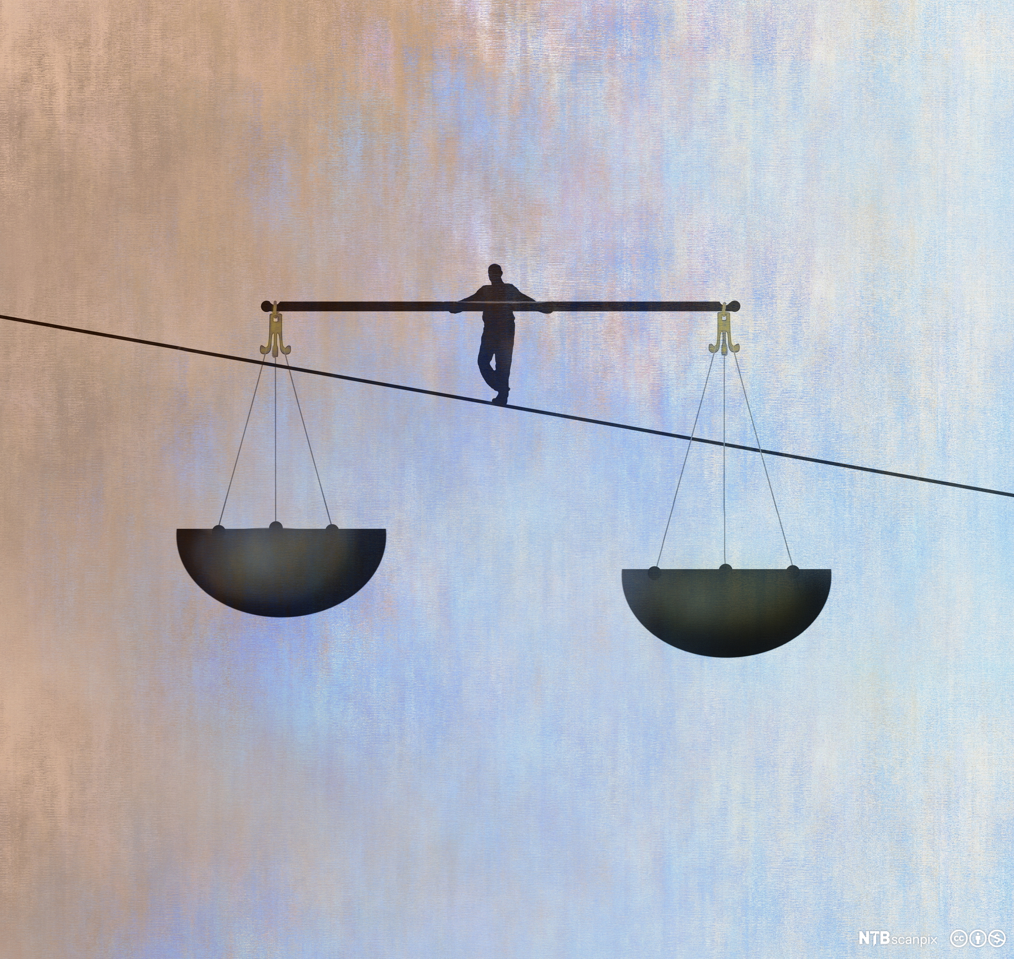 En mann står på en line og balansere med store vektskåler. Illustrasjon. 