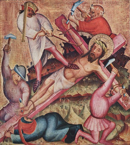 Gammalt måleri som viser korleis menneske festa Jesus til korset. Måleri.