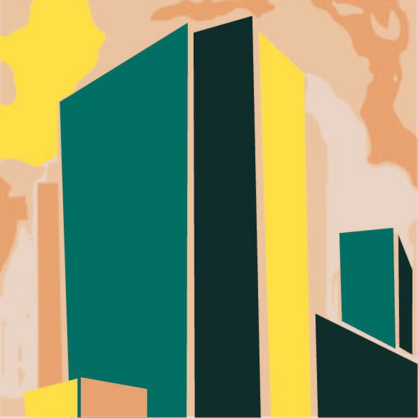 Illustrasjon som viser en abstrakt komposisjon med utgangspunkt i arkitektur.