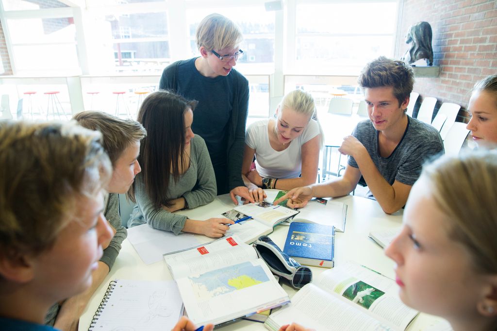 Sju ungdommer sitter ved et rundt bord. På bordet ligger det mange lesebøker og skrivebøker. En voksen person står også ved bordet. Foto