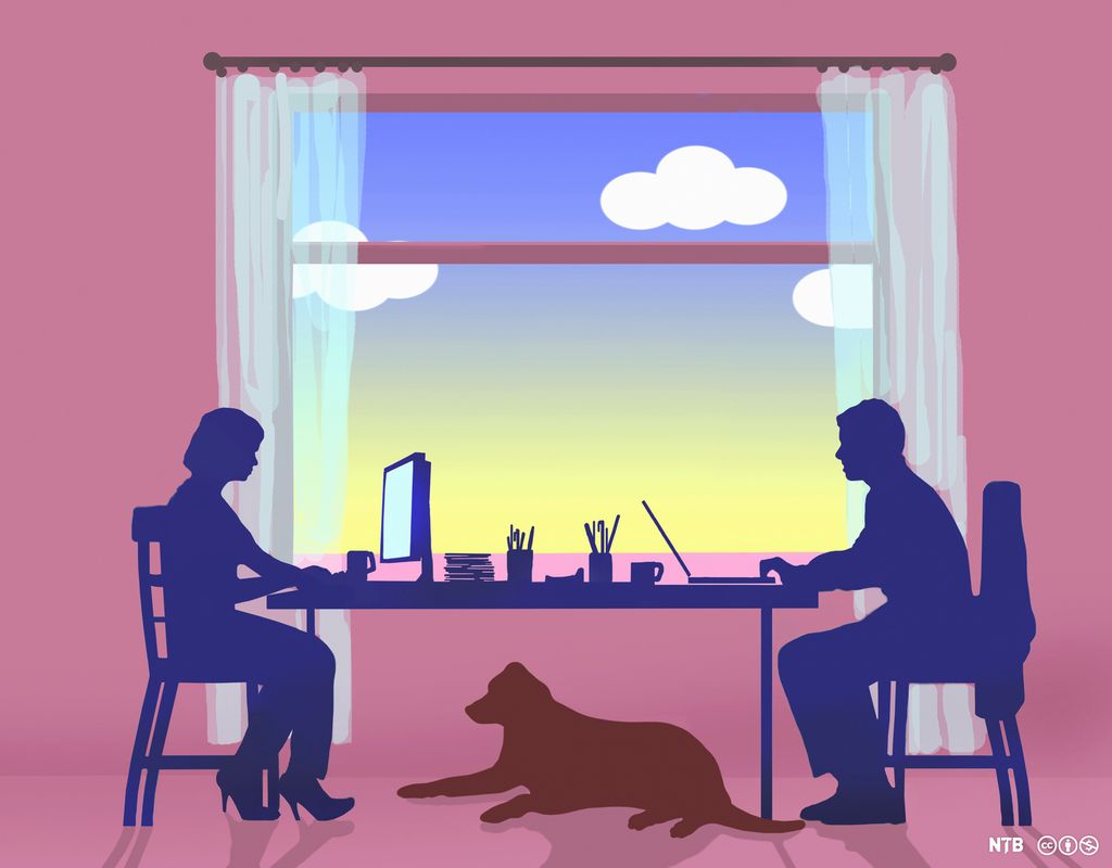 A woman and a man are seated at a kitchen table in front of a window with curtains. They are working on computers. A dog lies under the table. Illustration. 