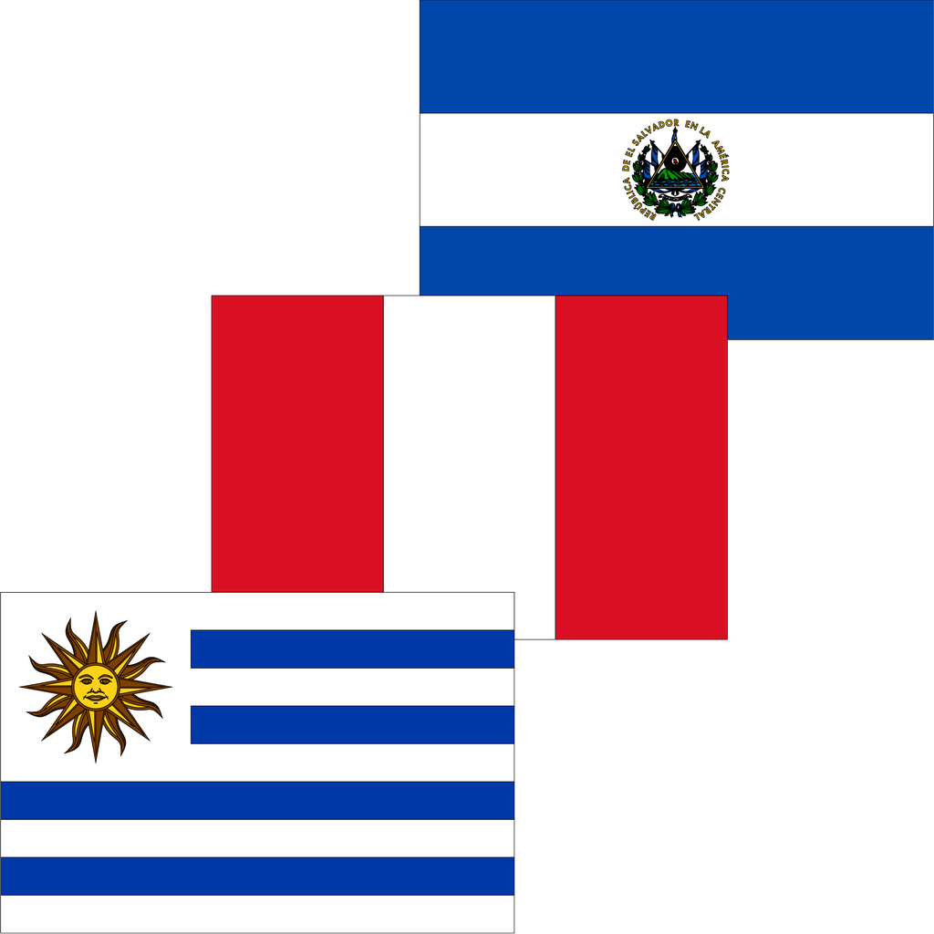 Flaggene til Uruguay, Peru og El Salvador. Illustrasjon.