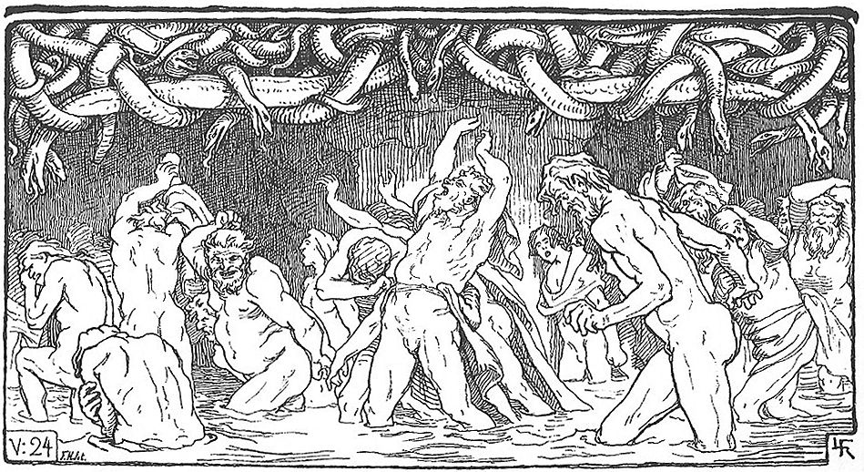 Døde i Hel. Menn vasser rundt i ei væske som skal forestille ormegift. Illustrasjon.