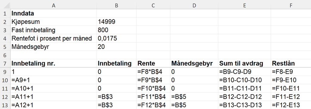 Eksempel på hvordan formelvisningen av regnearket til oppgaven med tre avdragsfrie måneder kan se ut. Regnearket finnes i sin helhet i løsningsfila, som er lagt ved lenger ned på siden. Skjermutklipp.