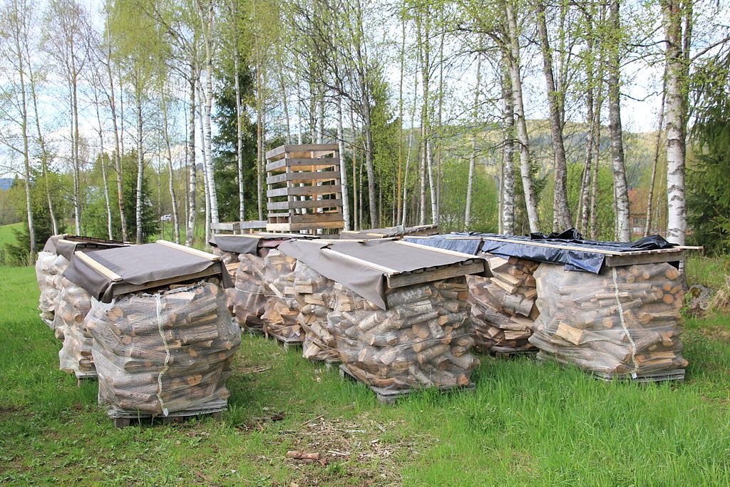 Ved i store sekker står til tørk i naturen. Foto.