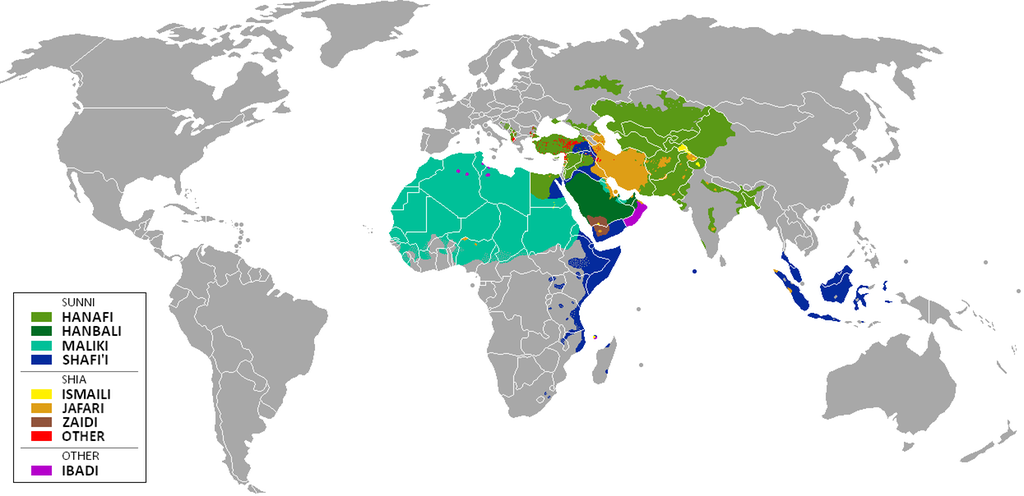Kart som viser utbredelsen av de ulike lovskolene i islam. Illustrasjon.