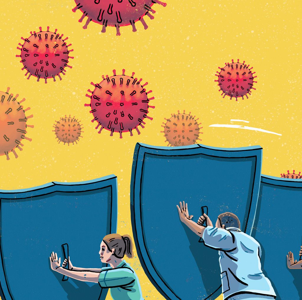 Helsearbeidere med store skjold beskytter seg mot virus som angriper. Illustrasjon.