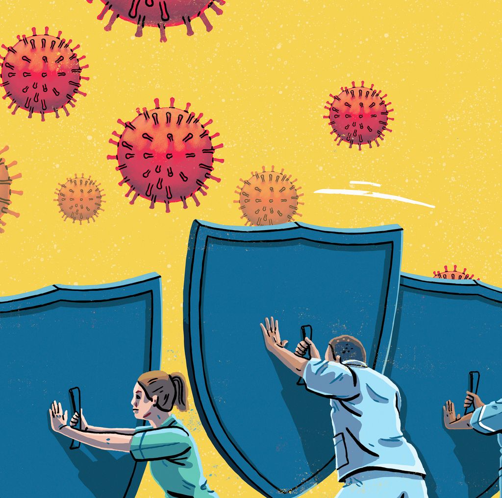 Helsearbeidere med store skjold beskytter seg mot virus som angriper. Illustrasjon.