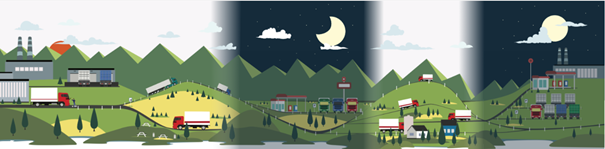 Illustrasjon av lastebiler som kjører til alle døgnets tider.