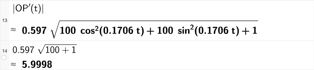 Skjermutklipp fra CAS-vinduet i GeoGebra. På linje 13 er absoluttverdien av O P derivert av t regnet ut med tilnærming til 0,597 rota av parentes 100 cosinus i andre av parentes 0,1706 t parentes slutt pluss 100 sinus i andre av parentes 0,1706 t parentes slutt pluss 1 rottegn slutt. På linje 14 er 0,597 rota av 100 pluss 1 rottegn slutt regnet ut med tilnærming til 5,9998. Skjermutklipp.