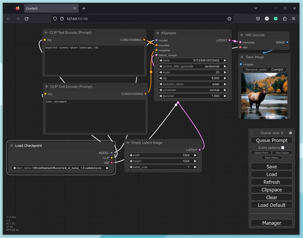 Nettleservindu med mange bokser som er koblet sammen. Lengst til høyre er et KI-generert bilde av en hjort. Skjermbilde.
