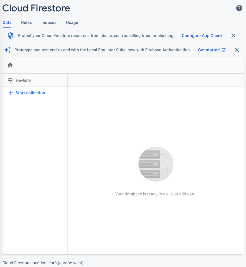Databasen, delt inn i to felt. Det venstre feltet har overskrifta "Elevliste", og i det til høgre står det "Your database is ready to go. Just add data". Skjermbilete.