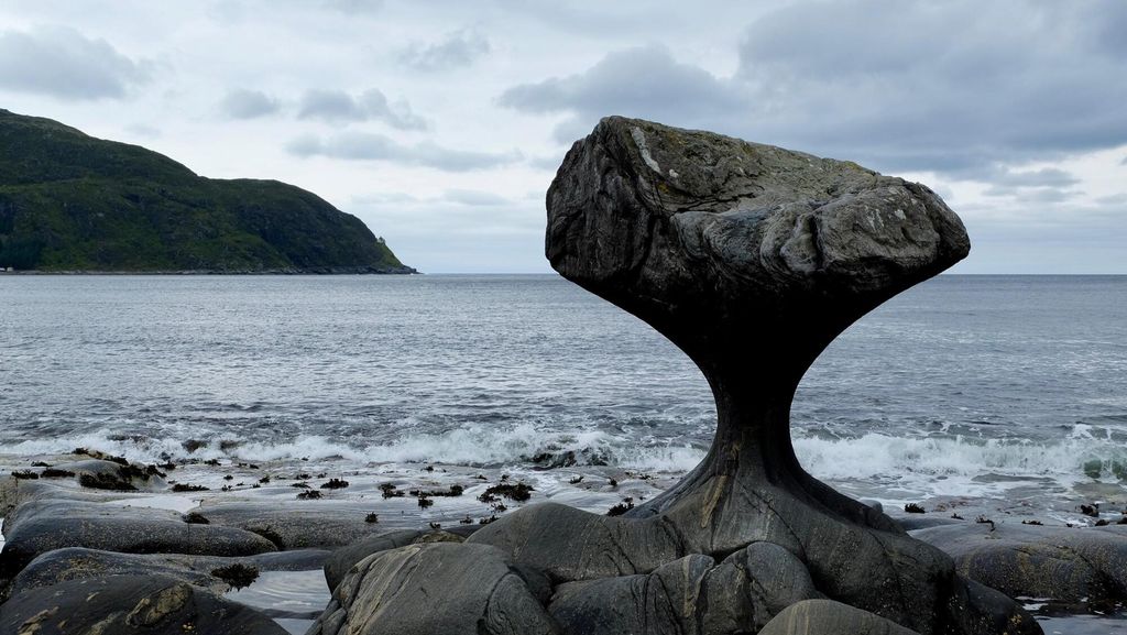 Svaberg med hav i bakgrunnen. Havet har slipt svaberget så det ser ut som at ein steinsopp stikk opp frå berget. Foto.