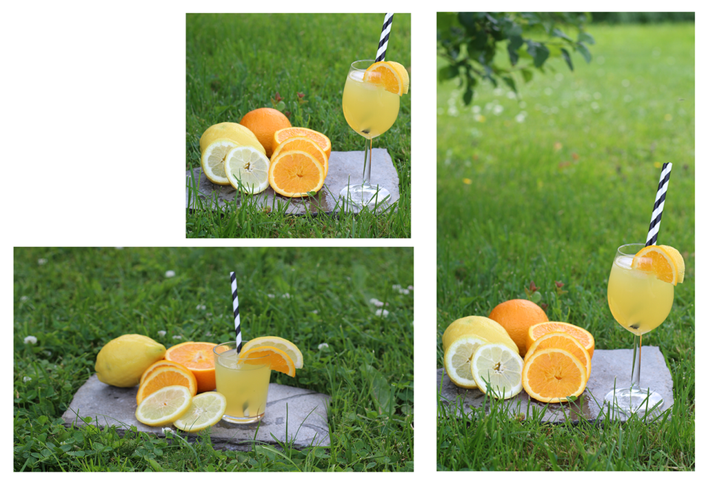 Bildet viser flere bilder med motivet lemonade i et glass med appelsinskive og sitronskive på kanten og et sort-hvitt sugerør. Grønn plen og busk i bakgrunn og noen av bildene har frukt i bakgrunnen.