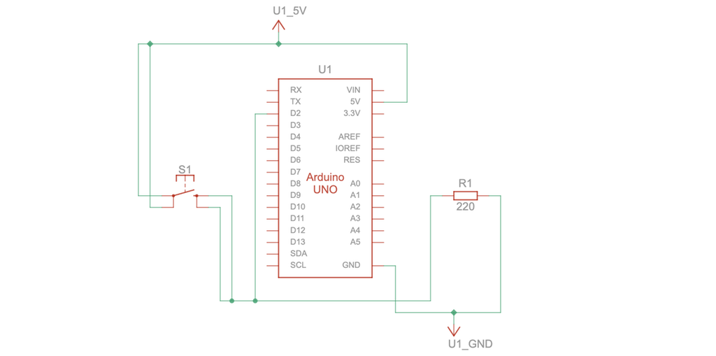 Elektrisk koplingsskjema som viser oppkopling av en Arduino, en trykkbryter og et koplingsbrett. Det er også lagt inn en resistor i koplingsskjemaet. Skjermbilde.