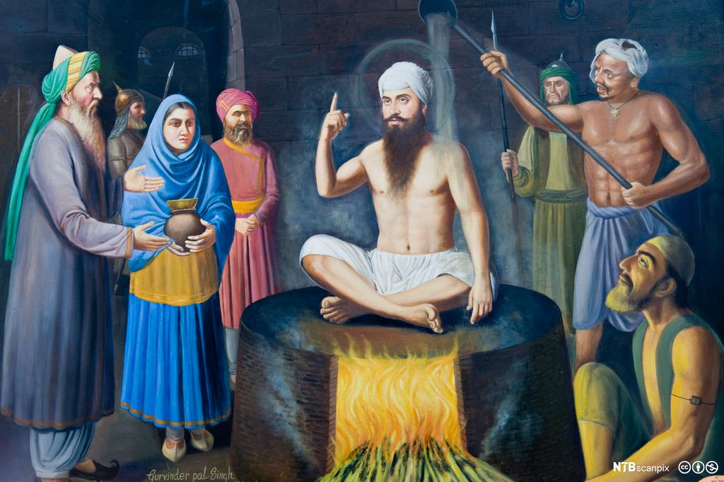 Mann med turban på glødende steinhelle omgitt av menn og kvinner. Maleri.