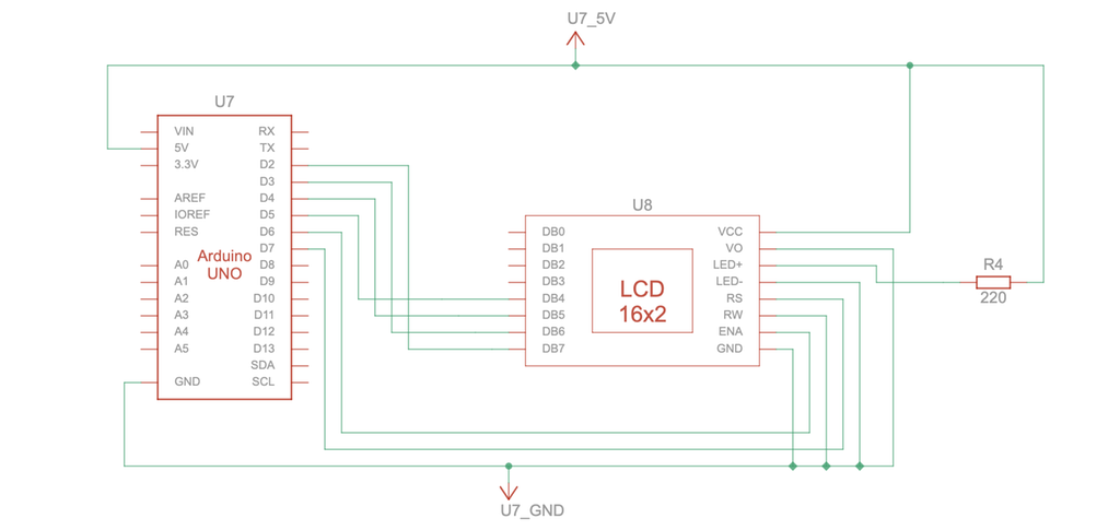 Komponentene er kopla på følgende måte sett fra Arduino: D2 til DB7, D3 til DB6, D4 til DB5, D5 til DB4, D6 til ENA, D7 til GND, 5V til VCC, 5V til LED+ via resistor, GND til GND. Skjermutklipp.