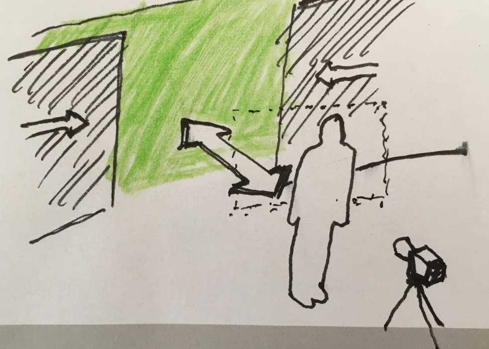 Person står foran en grønnvegg, et kamera er stilt opp foran. Illustrasjon.