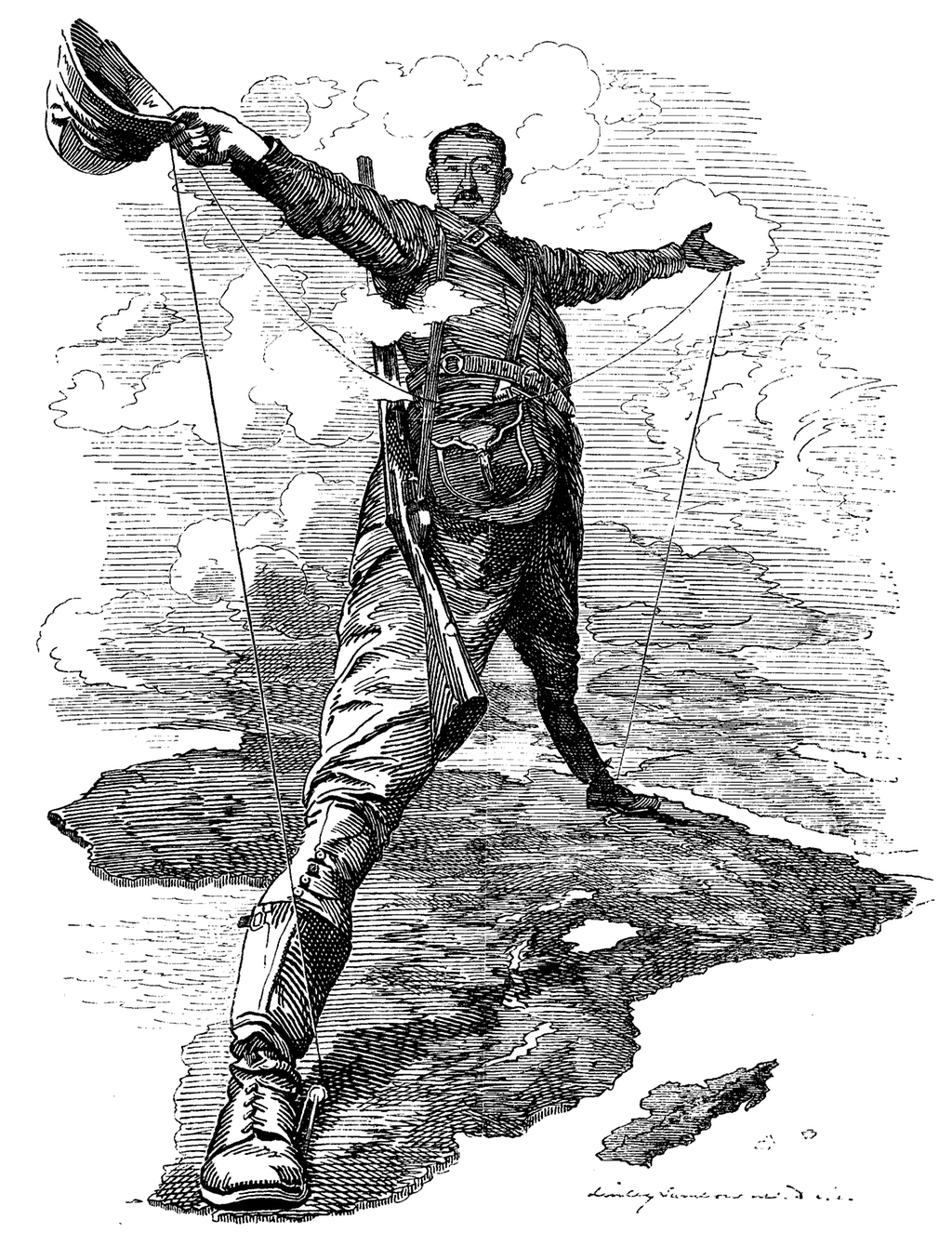 Karikaturteikning av Cecil Rhodes som står og ruvar over Afrika. Karikaturteikninga er svært kjend og har tittelen The Rhodes Colossus. Illustrasjon.