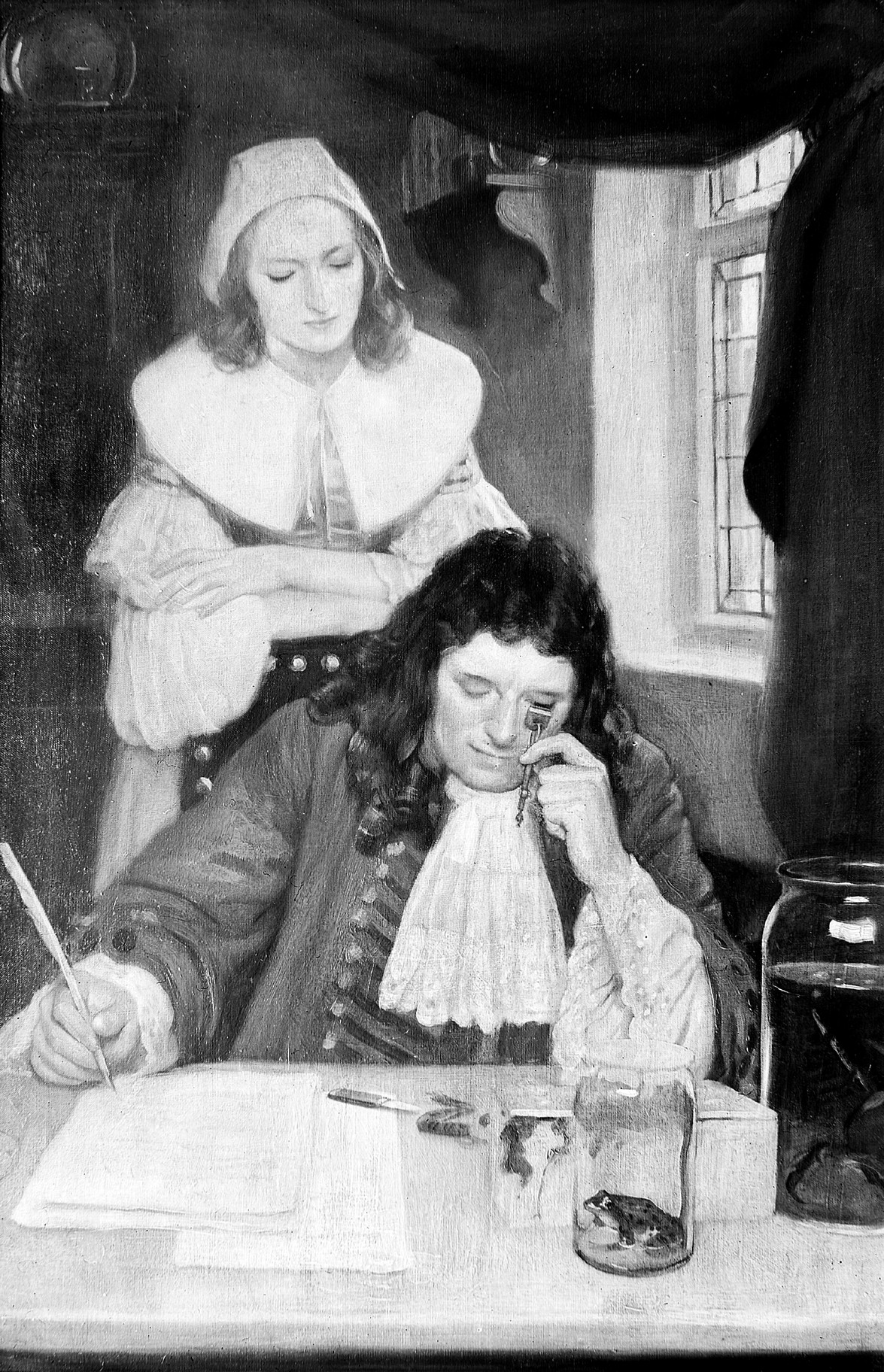 Oljemaleri av vitenskapsmannen Anton van Leeuwenhoek. Motivet er av en mann som sitter bak et skrivebord og ser gjennom et håndholdt mikroskop. Bak mannen står en kvinne som titter på arbeidet til mannen over skulderen hans. Illustrasjon.