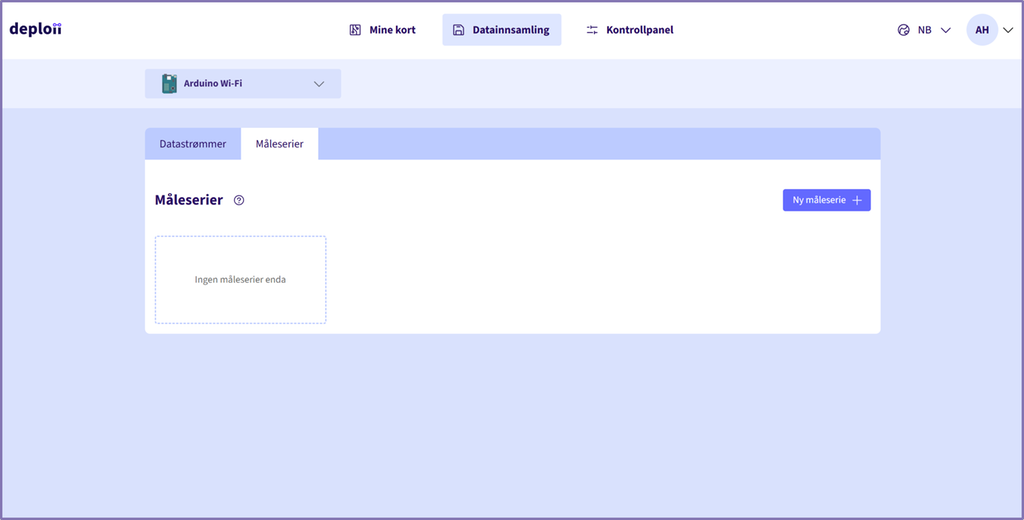 Skjermbilde fra fanen Datainnsamling i programvaren Deploii som viser at det ikke er registrert noen måleserier. Skjermutklipp.