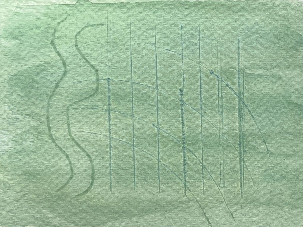 Detalj fra et ark med akvarellmaling med rette og bølgete linjer. Foto.