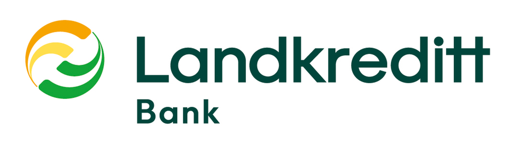 Logoen for Landkreditt bank. Et sirkelformet symbol i gult, oransje og grønt til venstre med teksten Landkreditt Bank til høyre. Illustrasjon.