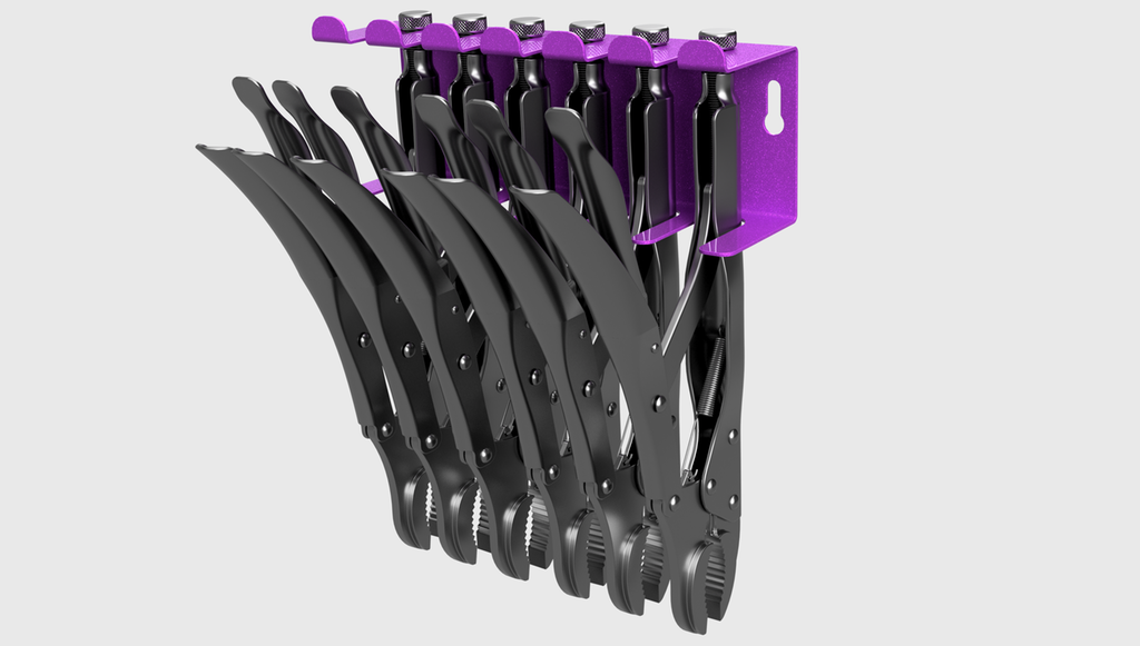 Lilla stativ der det henger seks låsetenger. Illustrasjon.