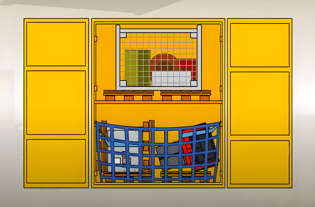 Innhold i en konteiner er satt på paller og sikret med lastenett og nettinggrind. Illustrasjon.