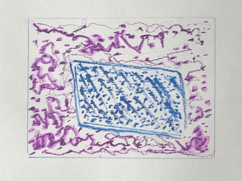 Døme på linjer og punkt teikna med våt fargeblyantspiss. Illustrasjon.