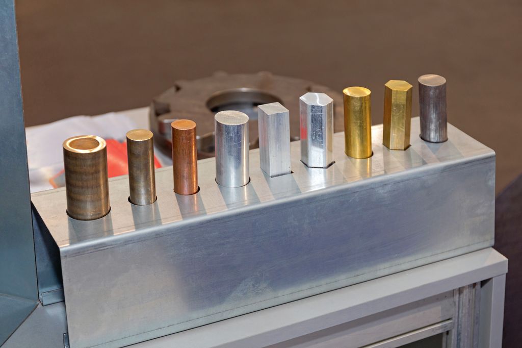 Ni forskjellige metallprøver på utstilling. Foto.