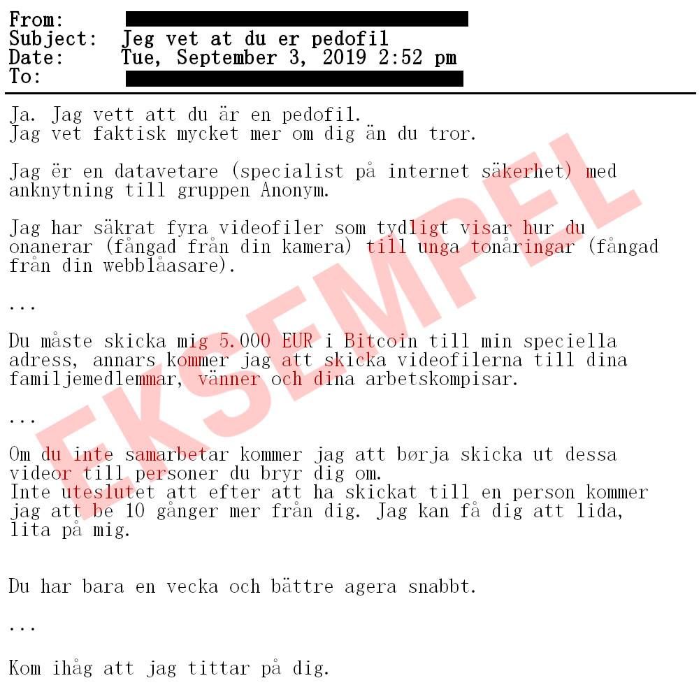 Modifisert reproduksjon av e-post hvor avsender påstår at mottaker er pedofil og prøver å utpresse penger for ikke å offentliggjøre informasjonen. Foto.