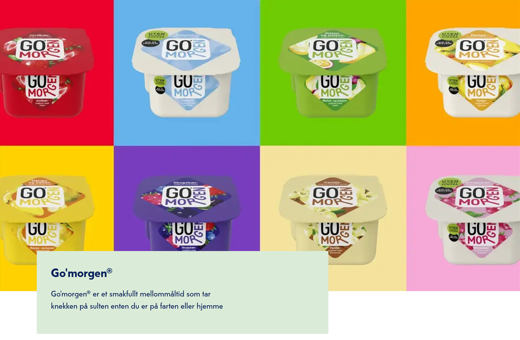 Reklame for Go'morgen-yoghurt fra Tine. Bilde av åtte varianter av produktet oppstilt i to rekker under hverandre, med ulike bakgrunnsfarger. På nedsida av bildet står teksten: Go'morgen er et smakfullt mellommåltid som tar knekken på sulten enten du er på farten eller hjemme. Skjermdump.