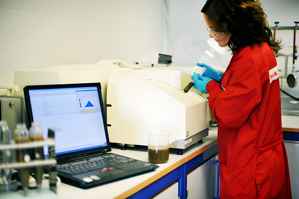Kvinne i laboratorium sprøyter væske ned i et måleapparat. På benken ved siden av står det en PC.