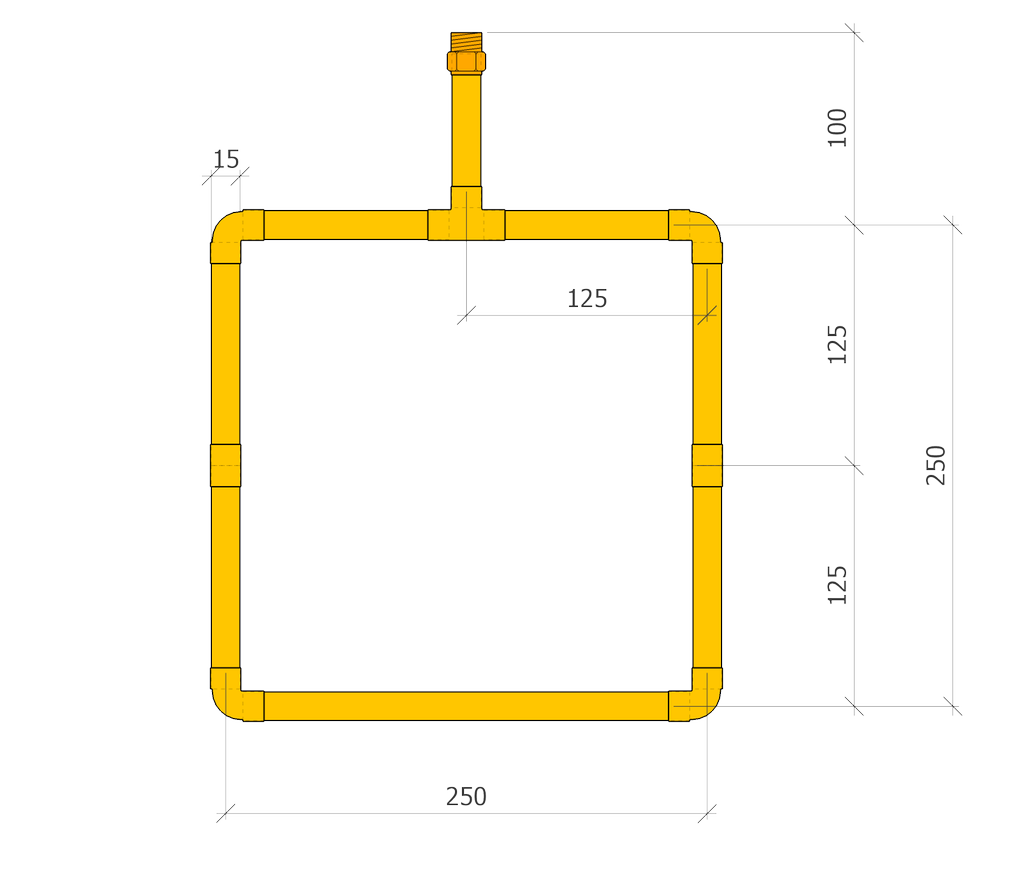 Målsatt tegning av rør som er loddet sammen. Foto.