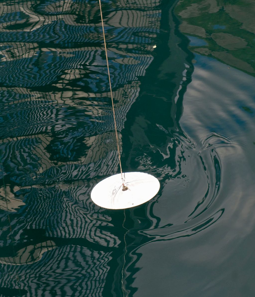 En hvit sikteskive festet til en snor senkes ned i blågrønt havvann. Foto.