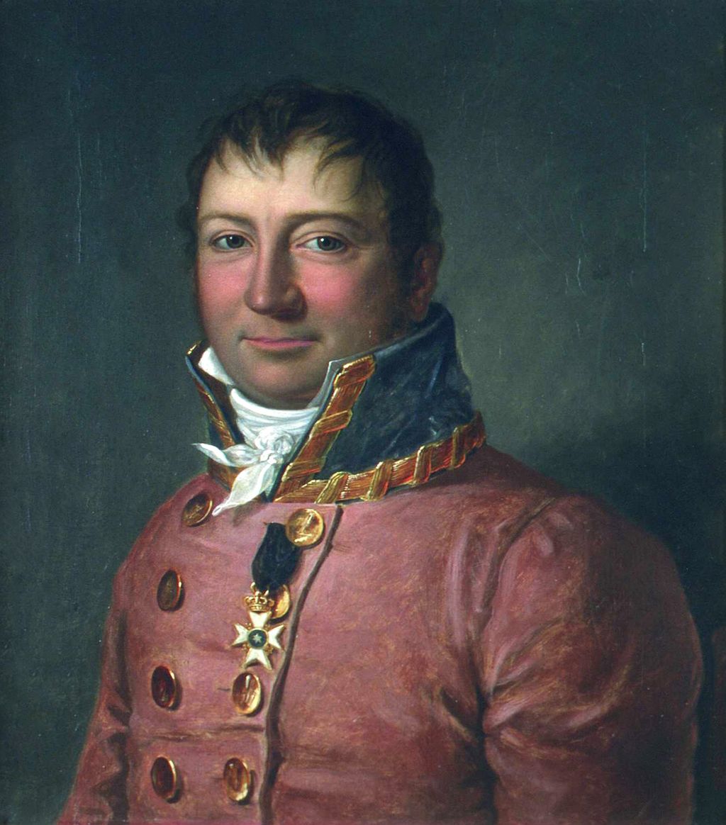 Portrett av Wilhelm Frimann Koren Christie. Han har rød jakke med gullknapper, høy krage og en medalje på brystet. Maleri. 