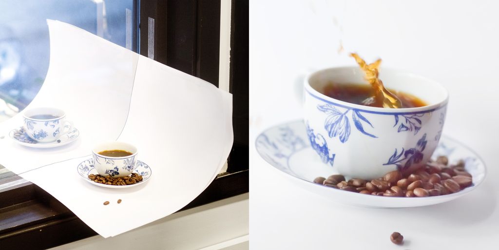 Kollasj med to fotografier. Til venstre er en kaffekopp plassert på et stort hvitt ark som er teipet fast i en vinduskarm. Til høyre er et nærbilde av kaffekoppen. Foto.