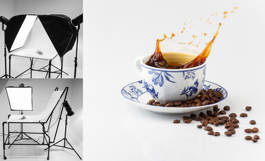 Kollasj som viser oppsett for produktfotografering med blitslys i studio. Til venstre står to softbokser i 45 graders vinkel på hver sin side av et produktfotograferingsbord. Produktet som fotograferes, er en kaffekopp. Til høyre er et nærbilde av kaffekoppen. Foto.