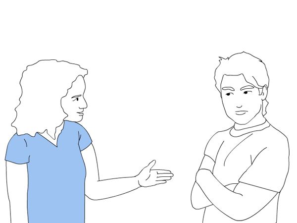 To personer står mot hverandre. Den ene holder hånden fram, den andre står med armene i kors. Illustrasjon. 